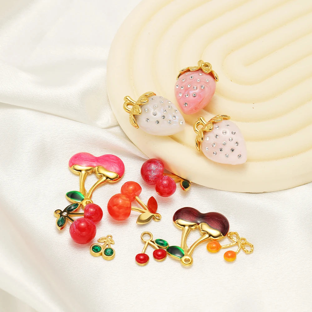 Lovely Fruit Charms 18k Gold Plated Stainless Steel Enamel Cherry Strawberry Zircon Charm Pendant for DIY Jewelry Making