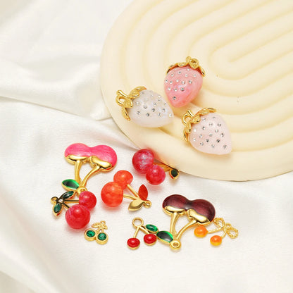 Lovely Fruit Charms 18k Gold Plated Stainless Steel Enamel Cherry Strawberry Zircon Charm Pendant for DIY Jewelry Making