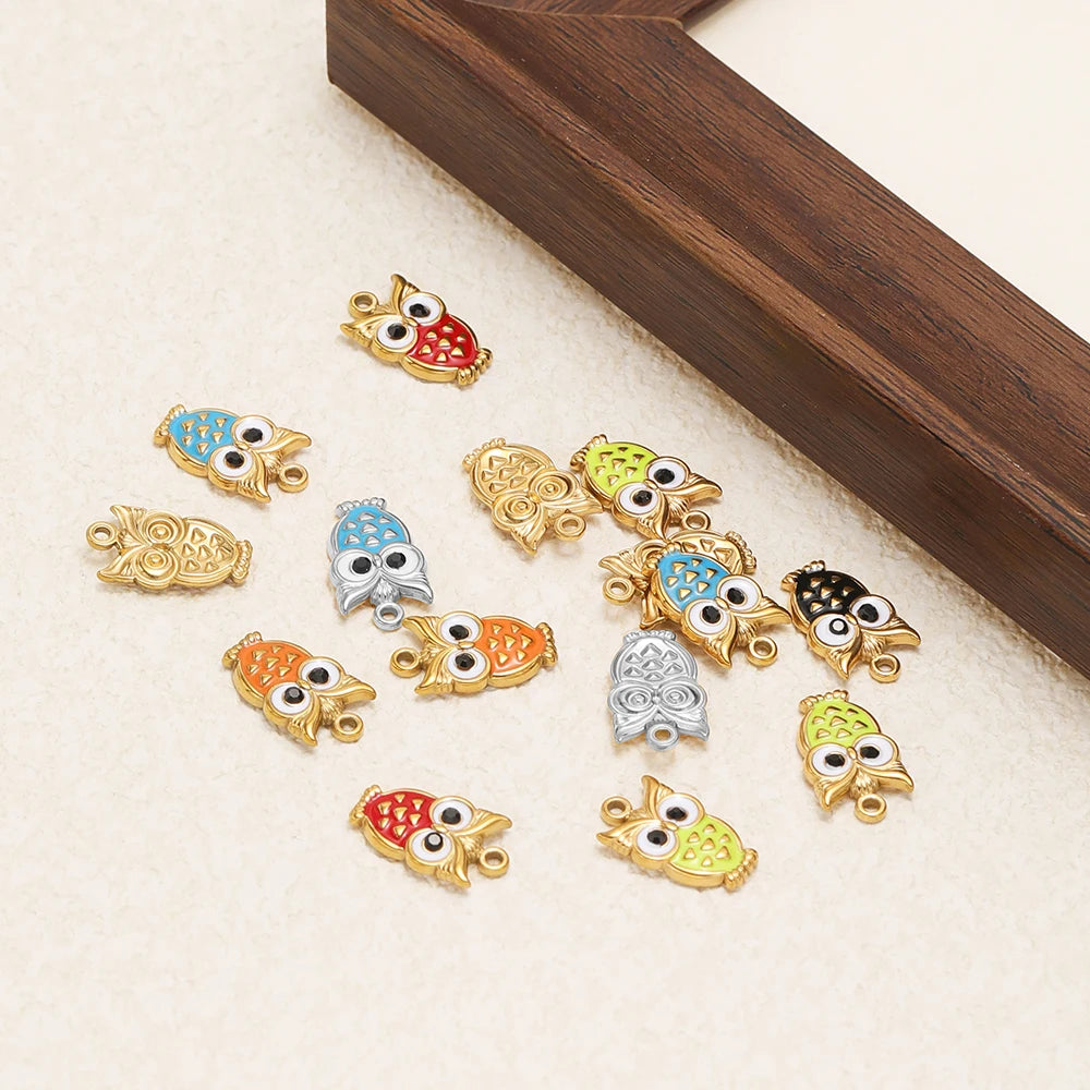 New Trendy Stainless Steel 18k Gold Plated Enamel Owl Charms Pendant for Diy Jewelry Necklace Making