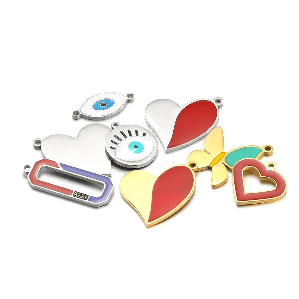 European American Style Stainless Steel Gold Plated Enamel Heart Eye Butterfly Charm Pendant for Jewelry Necklace Making