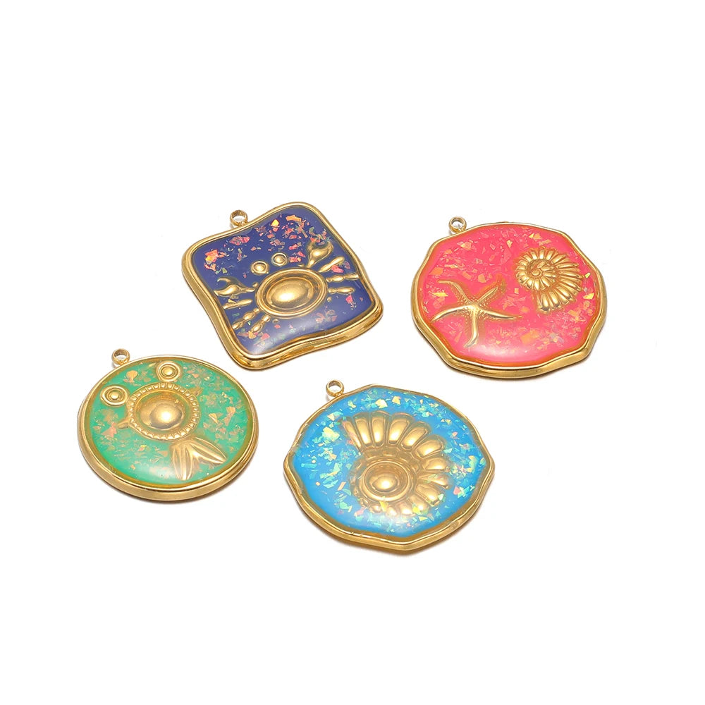 French Retro Stainless Steel 18k Gold Plated One Side Enamel Owl Starfish Conch Charm Pendant for DIY Jewelry Necklace Making
