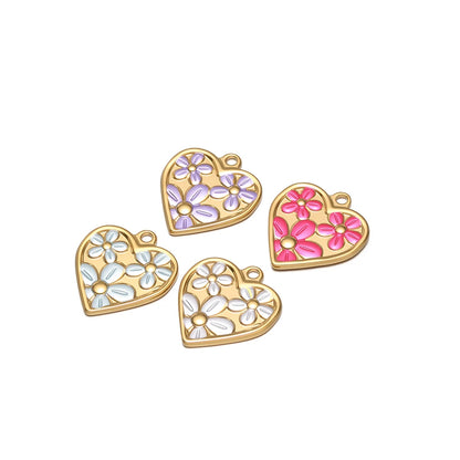Vintage Fashion Stainless Steel 18k Gold Plated Drop Oil Heart Flower Charms Pendant for DIY Jewelry Necklace Making