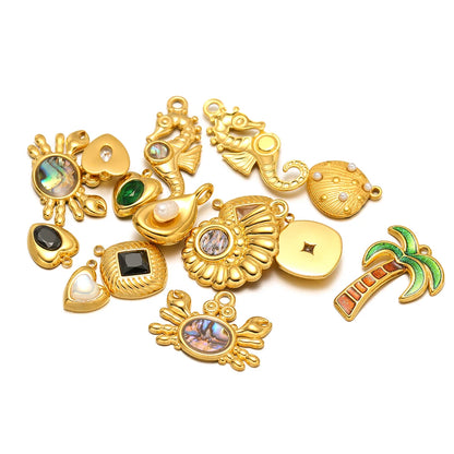 Wholesale 18k Gold Plated Stainless Steel Drip-oil Heart Coconut Tree Square Conch Charm Pendant for Women Jewelry Making