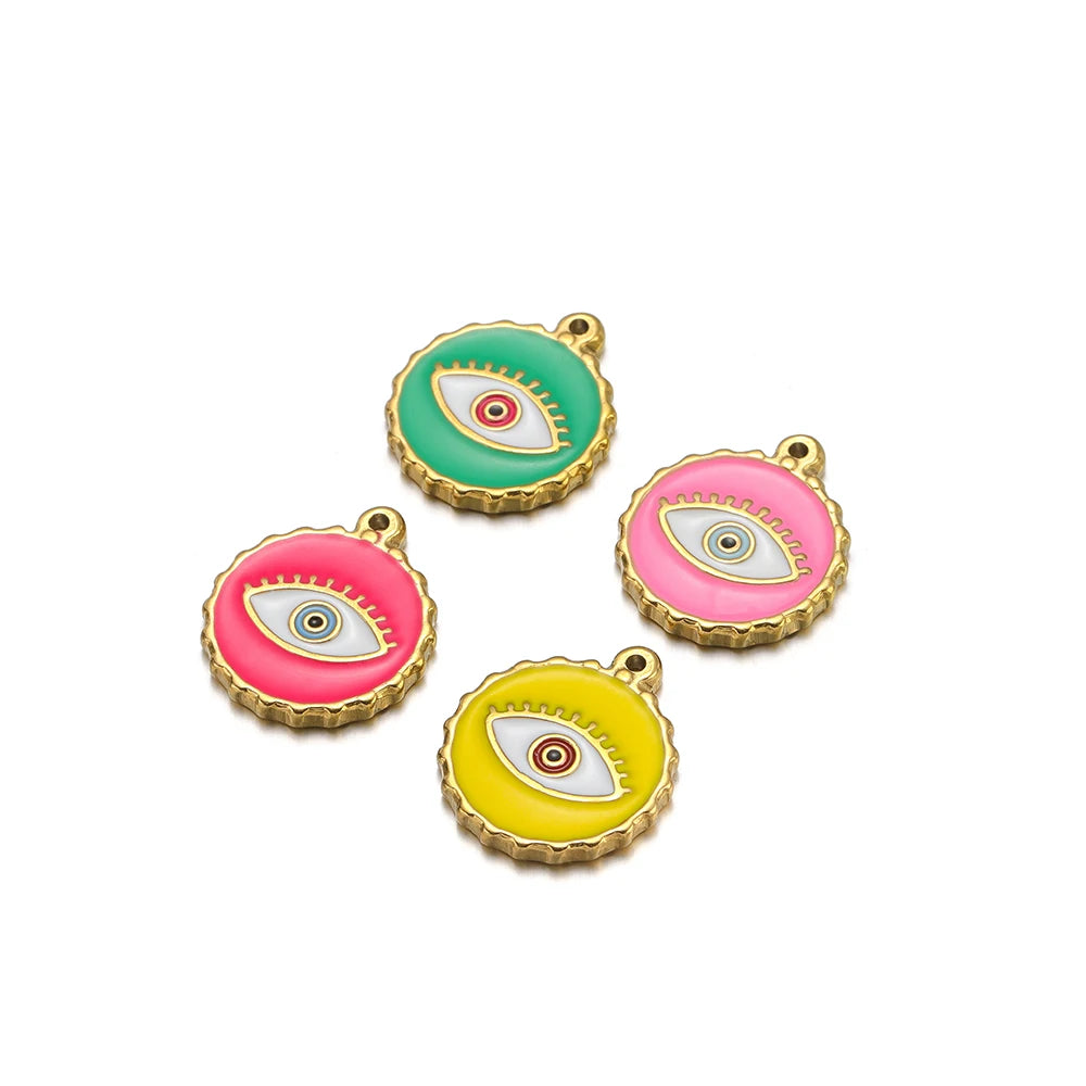 French Drop Oil  Eye Pendant Stainless Steel Gold Plated Colored Coin Shape Enamel Eyes Charm Pendant for Jewelry Making