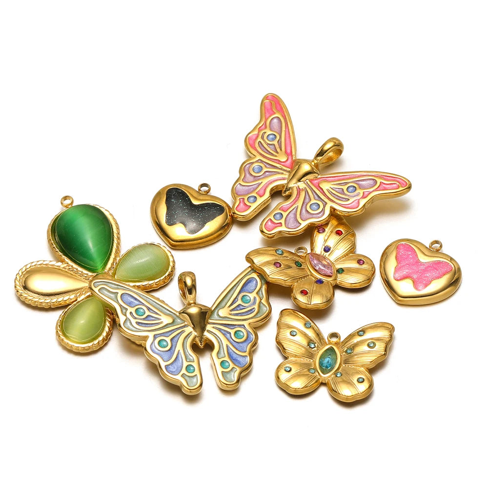 Popular Fashion 18k Gold Plated Stainless Steel Drip-oil Butterfly Flower Heart Charm Pendant for Women Jewelry Making