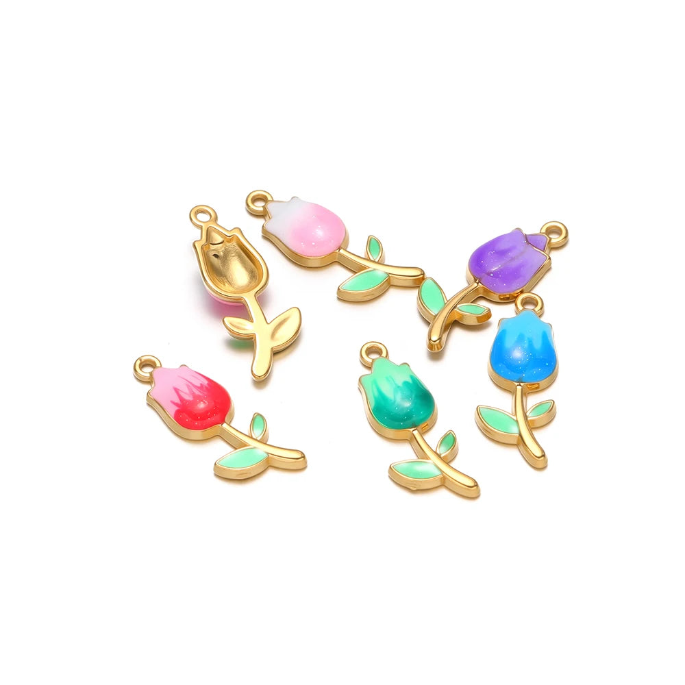 18K Gold Plated Tulip Charms Enamel Flower Bud Pendants Sweet Floral Jewelry Making Supplies for DIY Necklace Bracelet