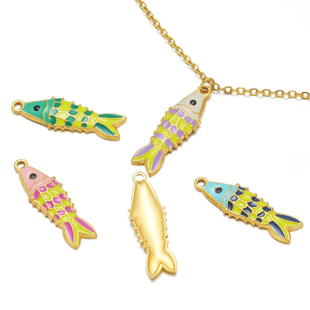18K Gold Plated Stainless Steel Colorful Oil Drip Fish Charm Pendant for Fashion Jewelry Earring Necklace Making