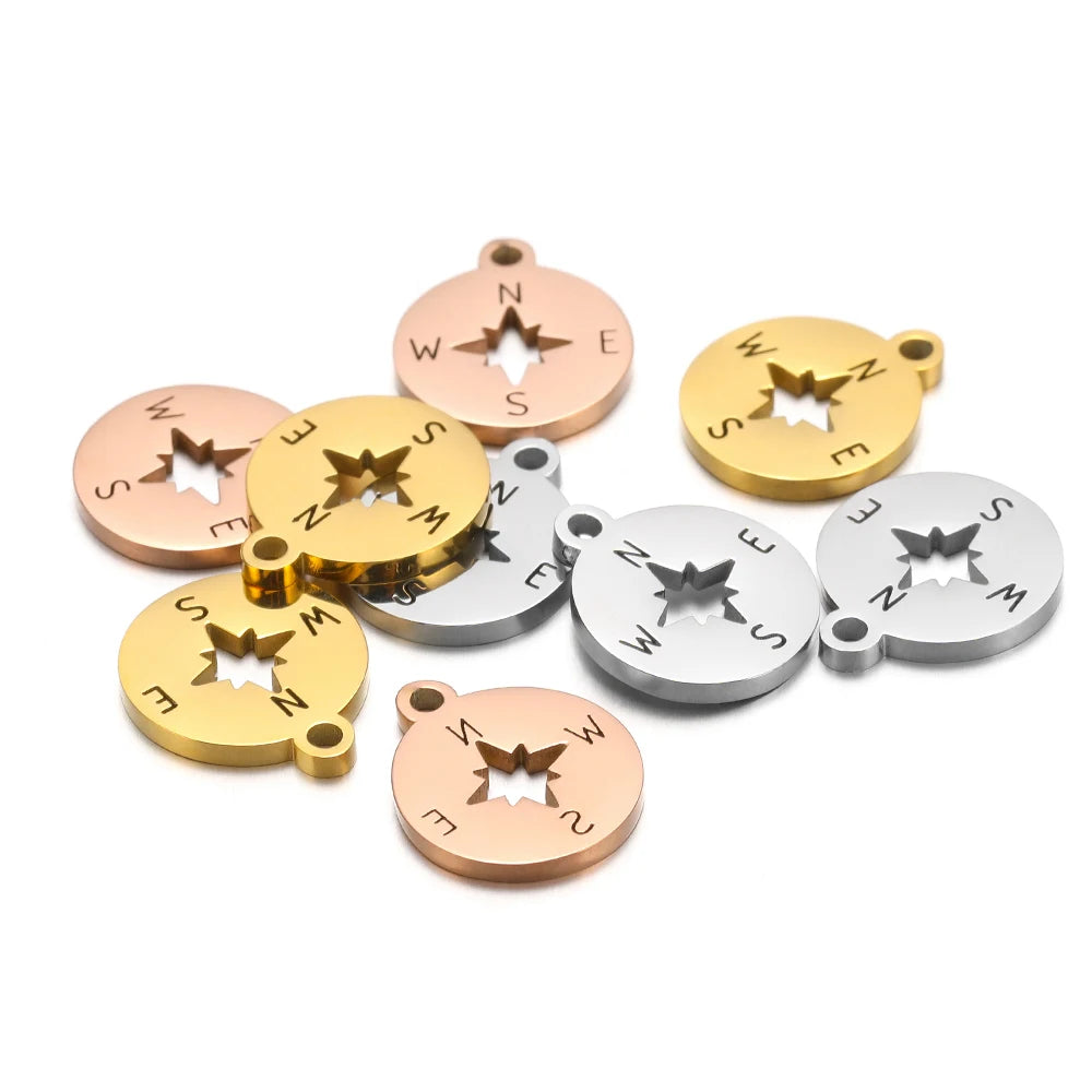 Small Compass Pendant Charm 304 Stainless Steel 18k Gold Plated Circular Hollowed-out Compass Pendant Charm  for Necklace Making