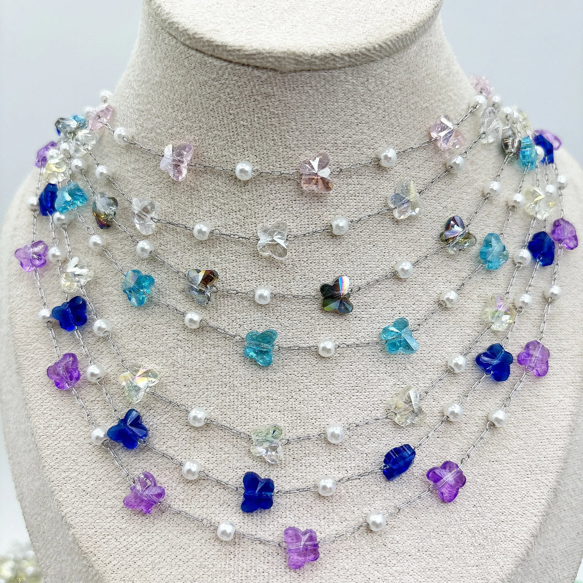 E248 Silver Plated Stainless Steel Permanent Chain Colorful Crystal butterfly Charm Chain White Pearl Beads Chains for Diy