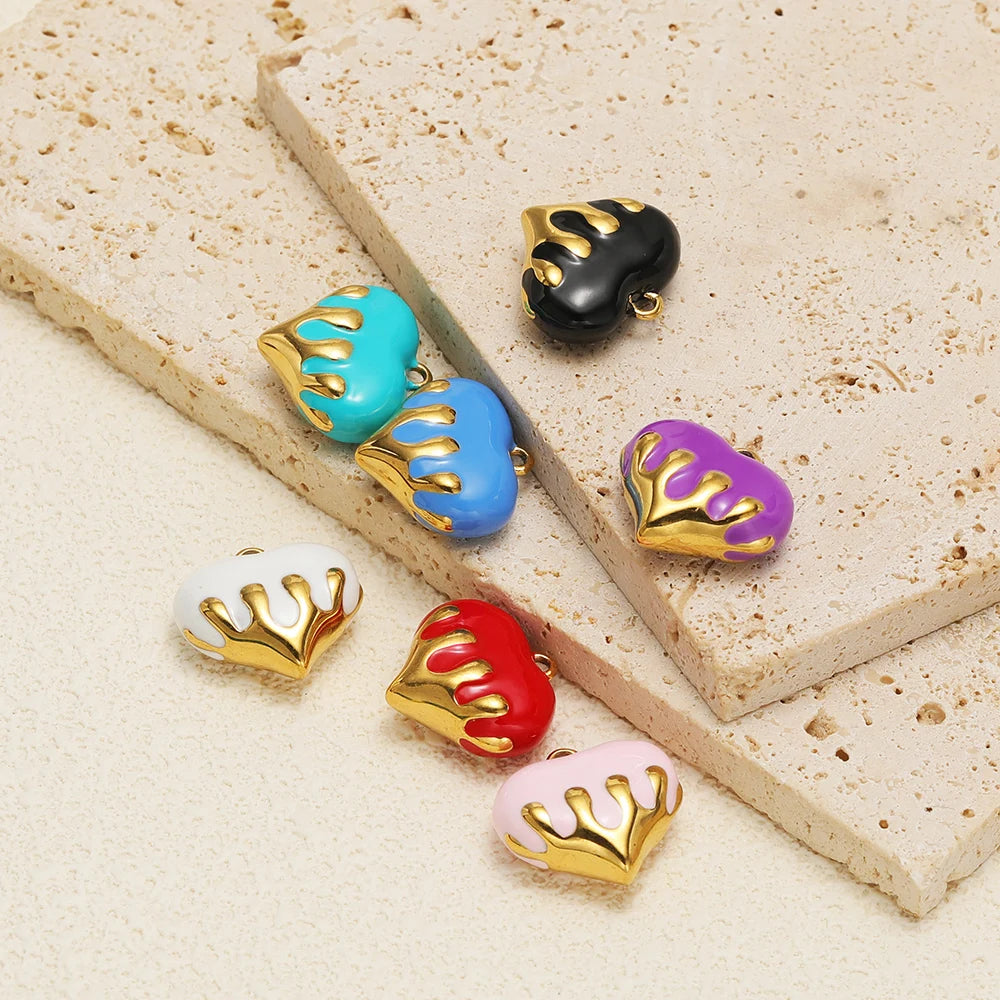 New Arrival Stainless Steel 18k Gold Plated Multicolor Oil Drop Heart Charm Pendant for Jewelry Necklace Making