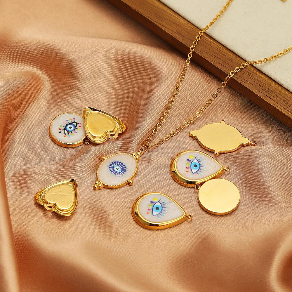 Vintage Blue Eye Pendant Stainless Steel Gold Plated Dripping Oil Eyes Heart Oval Charm Pendant for DIY Jewelry Making Wholesale