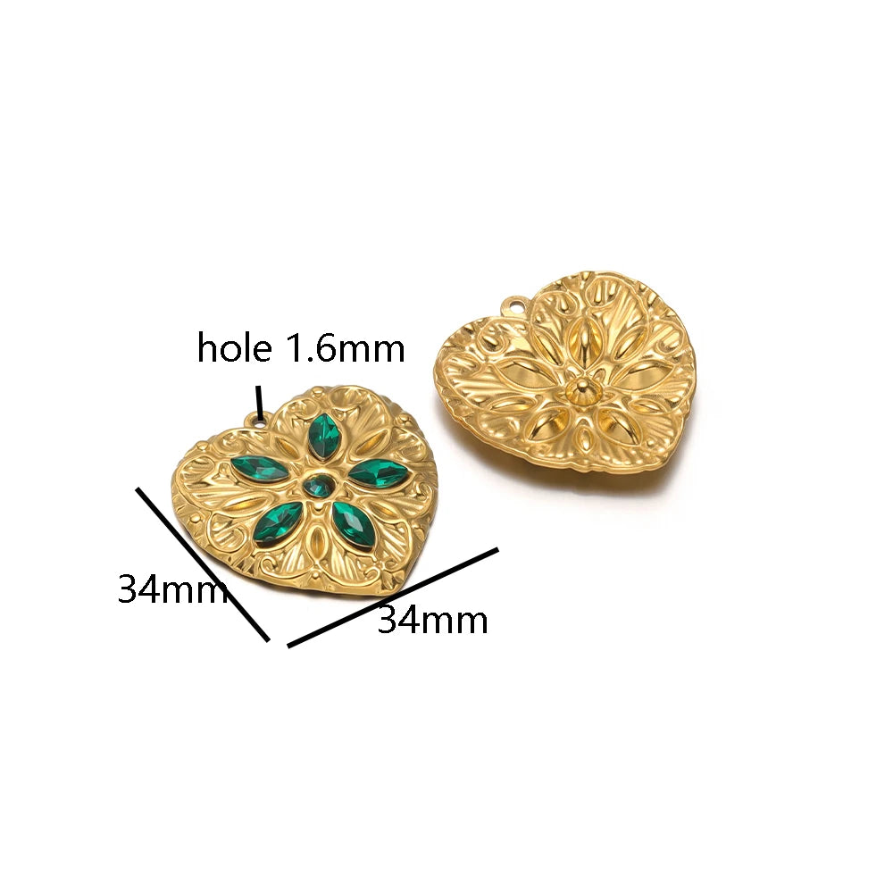 Heart Shaped Charm18k Gold Plated Stainless Steel Five-petaled Flowers Zircon Pendant for DIY Necklace Jewelry Making