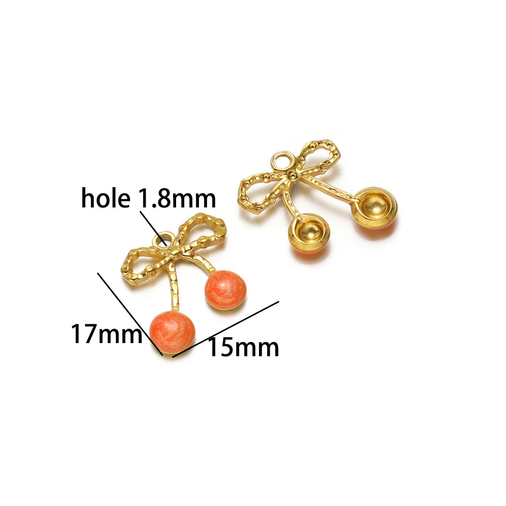 Lovely Fruit Charms 18k Gold Plated Stainless Steel Enamel Cherry Strawberry Zircon Charm Pendant for DIY Jewelry Making