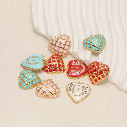 Colorful Enamel Heart Charms with Golden Weave Pattern, Good Luck Lucky Heart Pendant with Rhinestone for DIY Jewelry Making