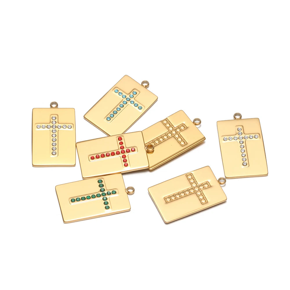 High Quality Stainless Steel 18k Gold Plated Square Cross Zircon Charms Pendant for DIY Jewelry Necklace Making