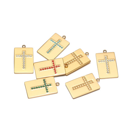 High Quality Stainless Steel 18k Gold Plated Square Cross Zircon Charms Pendant for DIY Jewelry Necklace Making