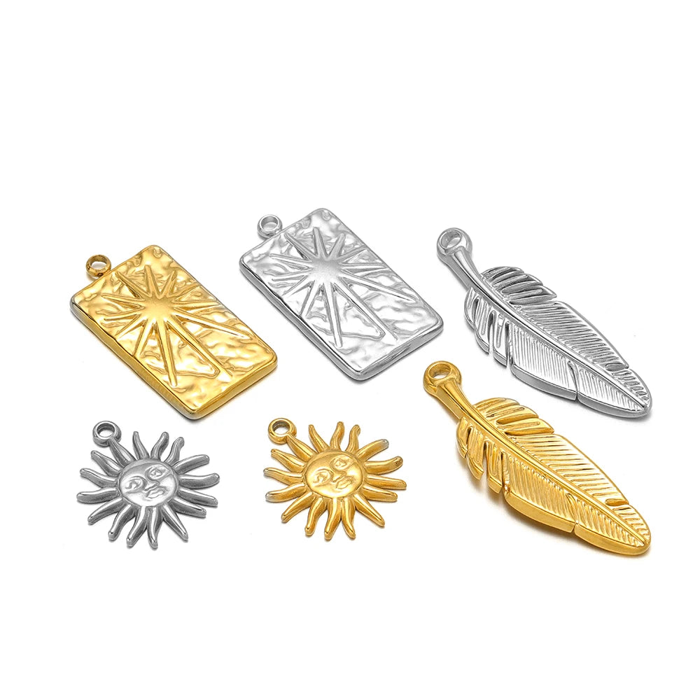 Vintage 18k Gold Plated Stainless Steel Rectangular Sun Feather Charm Pendant for Necklaces Jewelry Making