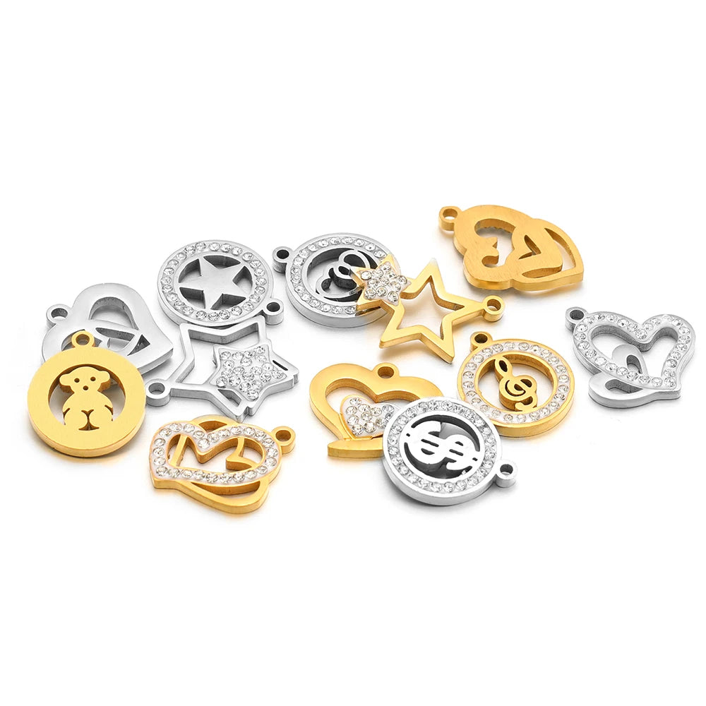 Handmade DIY Pendant 18k Gold Plated Stainless Steel Heart Star Zircon Charm Pendant for Women Jewelry Making Accessories
