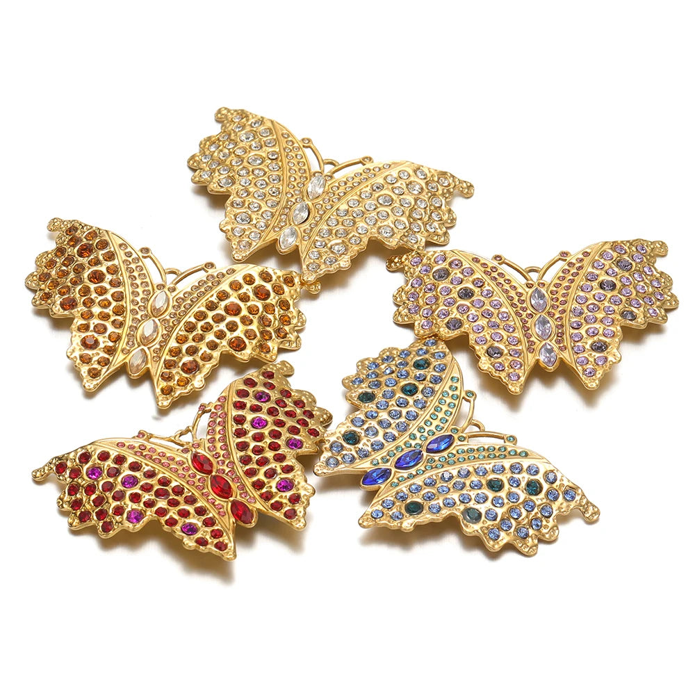 Stainless Steel 18k Gold Plated Butterfly Zircon Charms Pendant for Handmade Jewelry Necklace Making Accessories