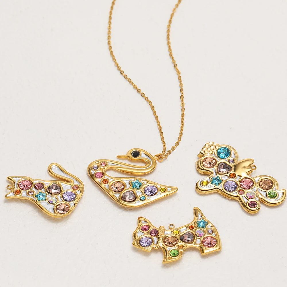 Exquisite 18k Gold Plated Stainless Steel Cat Swan Unicorn Puppy Coloured Zircon Charm Pendant for DIY Necklace Jewelry Making
