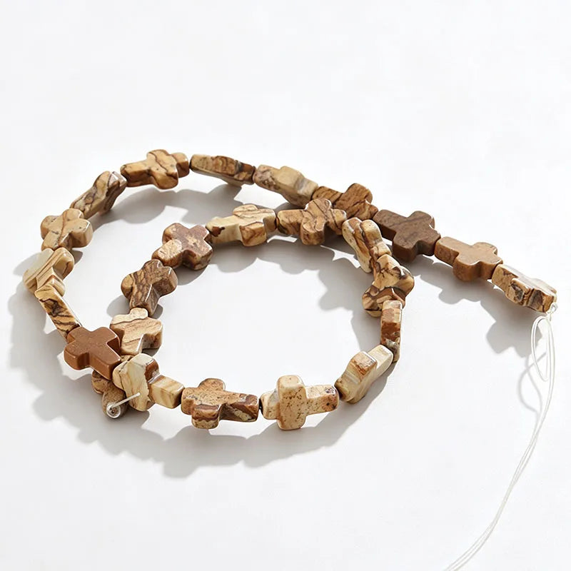 Natural Stone Christian Cross Beads Colorful Stones Loose Beads Strand for DIY Jewelry Making Bracelets Necklaces 12x16x5mm