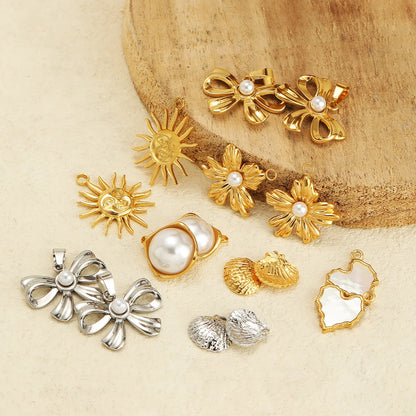 New Trend Stainless Steel Gold Plated Enamel Shell Heart Flower Bowknot Charm Pendant for Jewelry Making Wholesale