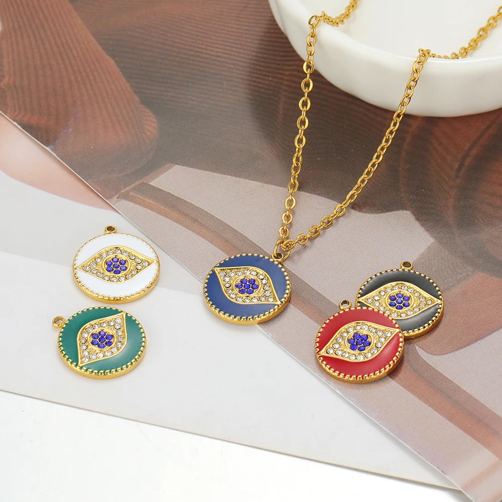 Best Selling 18k Gold Plated Stainless Steel Drip Oil Zircon Eye Charms Pendant for Women Jewelry Necklace Earrings Making