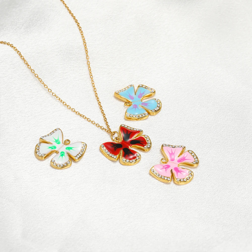 Waterproof Stainless Steel 18k Gold Enamel Crystal Bowknot Charms Pendant for Jewelry Necklace Earring Making Trendy Accessories