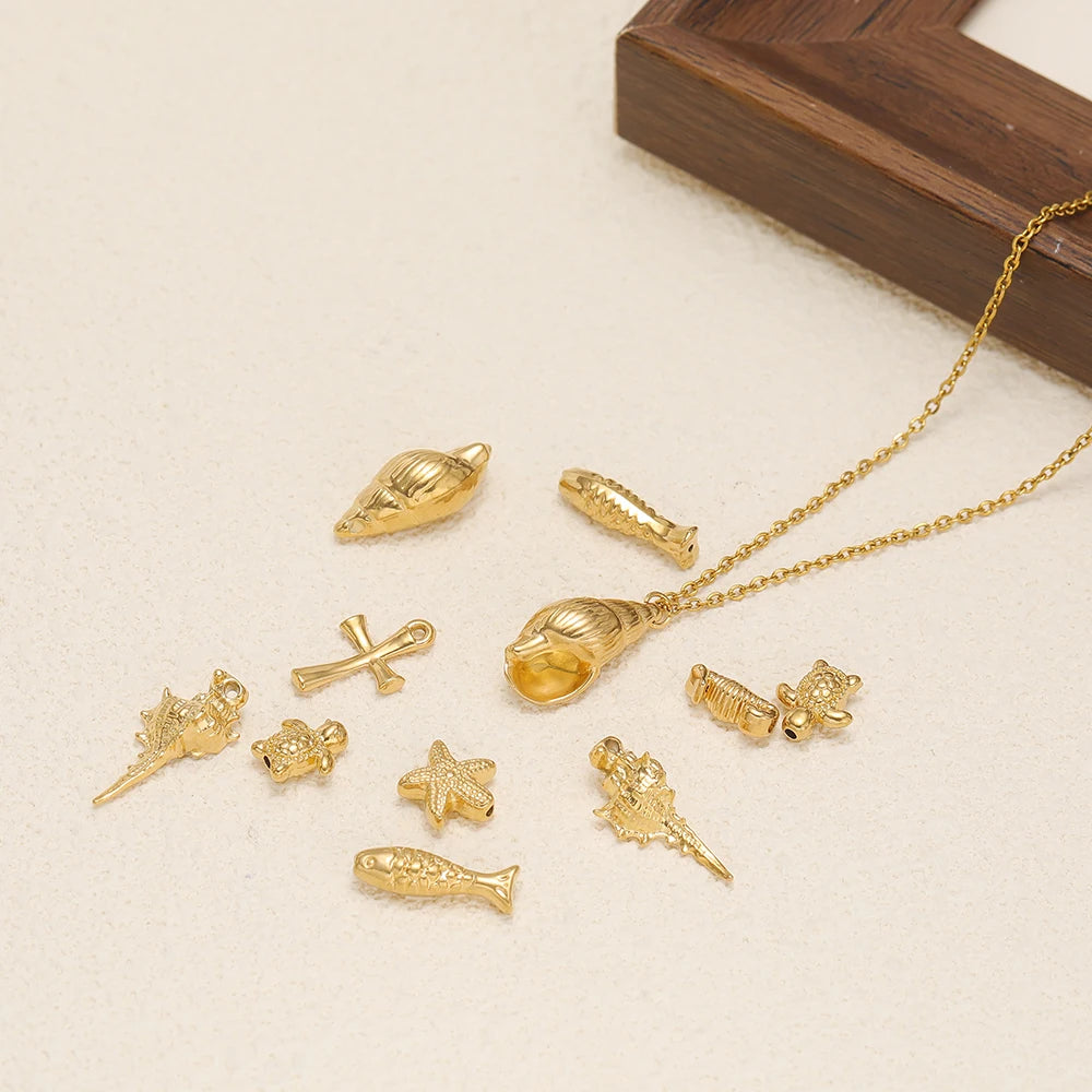 Wholesale 18k Gold Plated Stainless Steel Snail Turtle Starfish Eephant Charm Pendant for DIY Necklace Jewelry Making