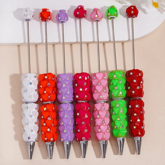 Fluorescent Color Flat Heart-shaped Pottery Beads with diamond Rotating Round Beads Pen Stringing Round Beads Pen Wholesale