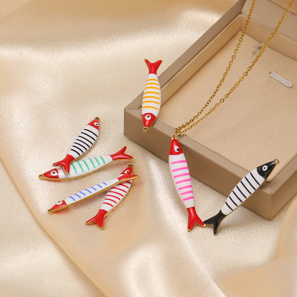 Ocean Style Cute 18k Gold Plated Stainless Steel Rainbow Colorful Enamel Fish Charm Pendant for Jewelry Necklace Making