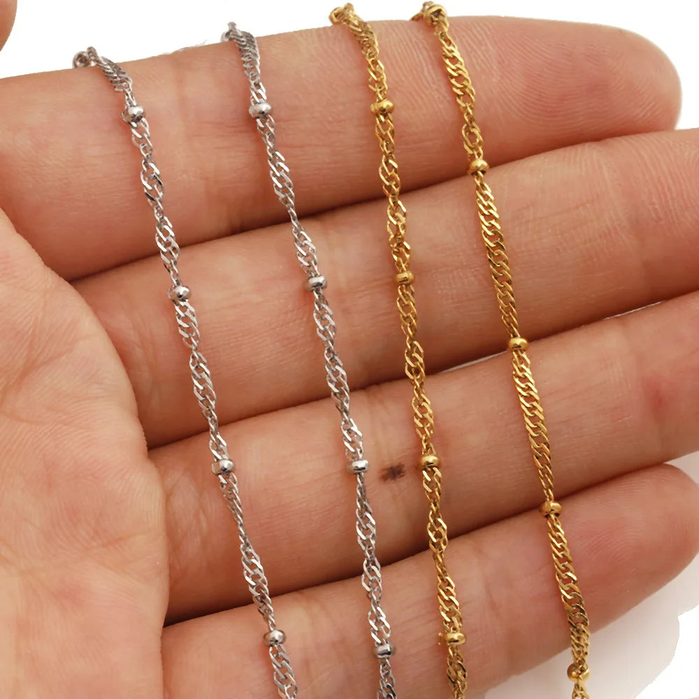 D989 Vacuum Plating Non Tarnish Stainless Steel Jewelry Chains Round Ball Bead Water Wave Roller Chain for Jewelry Making