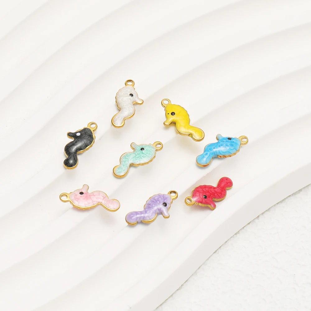 Fashion 18k Gold Plated Stainless Steel Enamel Sea Horse Charm Pendant for Handmade Necklace Jewelry Making