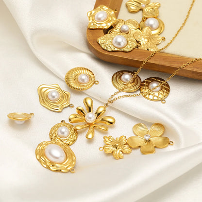 Hot Sale Fashion 18k Gold Plated Stainless Steel Pearl Flower Irregular Shape Charm Pendant for DIY Necklace Jewelry Making