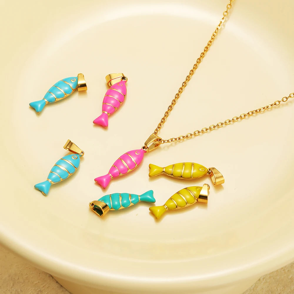 New Arrival Stainless Steel 18K Gold Plated Colorful Enamel Striped Fish Charm Pendant for Jewelry Earrings Necklace Making