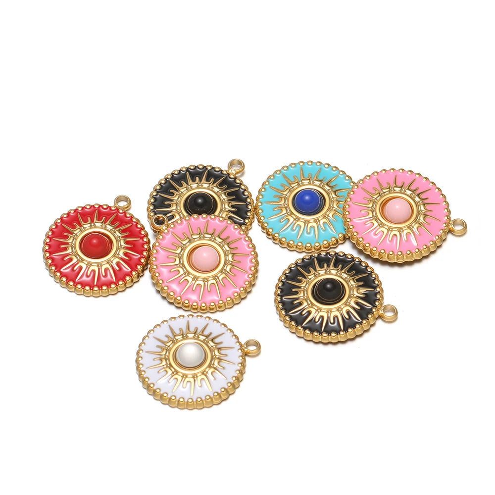 Bohemian Style Stainless Steel 18k Gold Plated Drop Oil Circular Sun Charms Pendant for DIY Jewelry Necklace Making