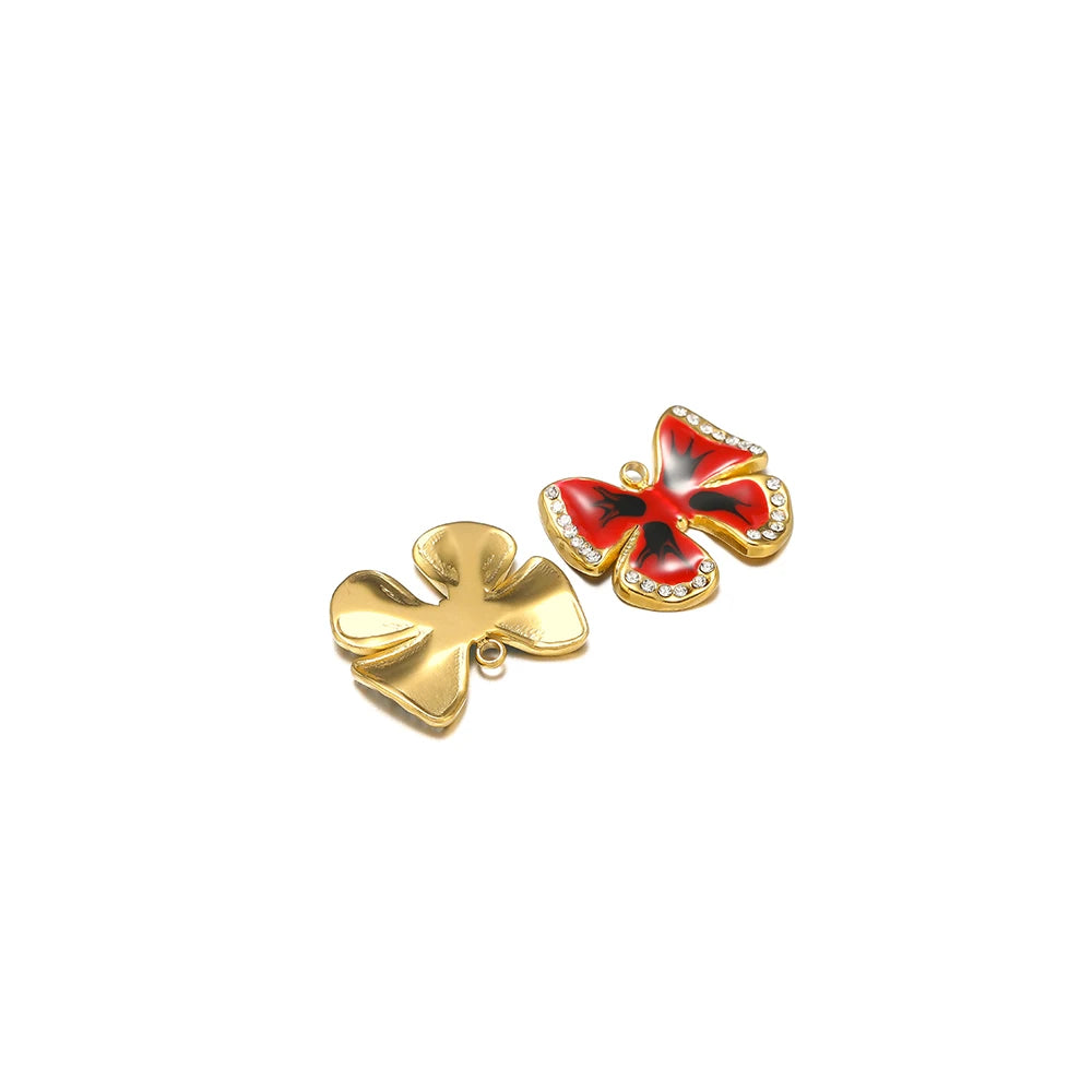 Waterproof Stainless Steel 18k Gold Enamel Crystal Bowknot Charms Pendant for Jewelry Necklace Earring Making Trendy Accessories