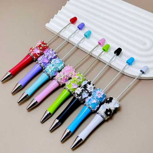 Luxury Plastic Ballpoint Pen White Pearl Rhinestone Chain Colorful Flower Heart Charm Portable Back School Graduation Wedding