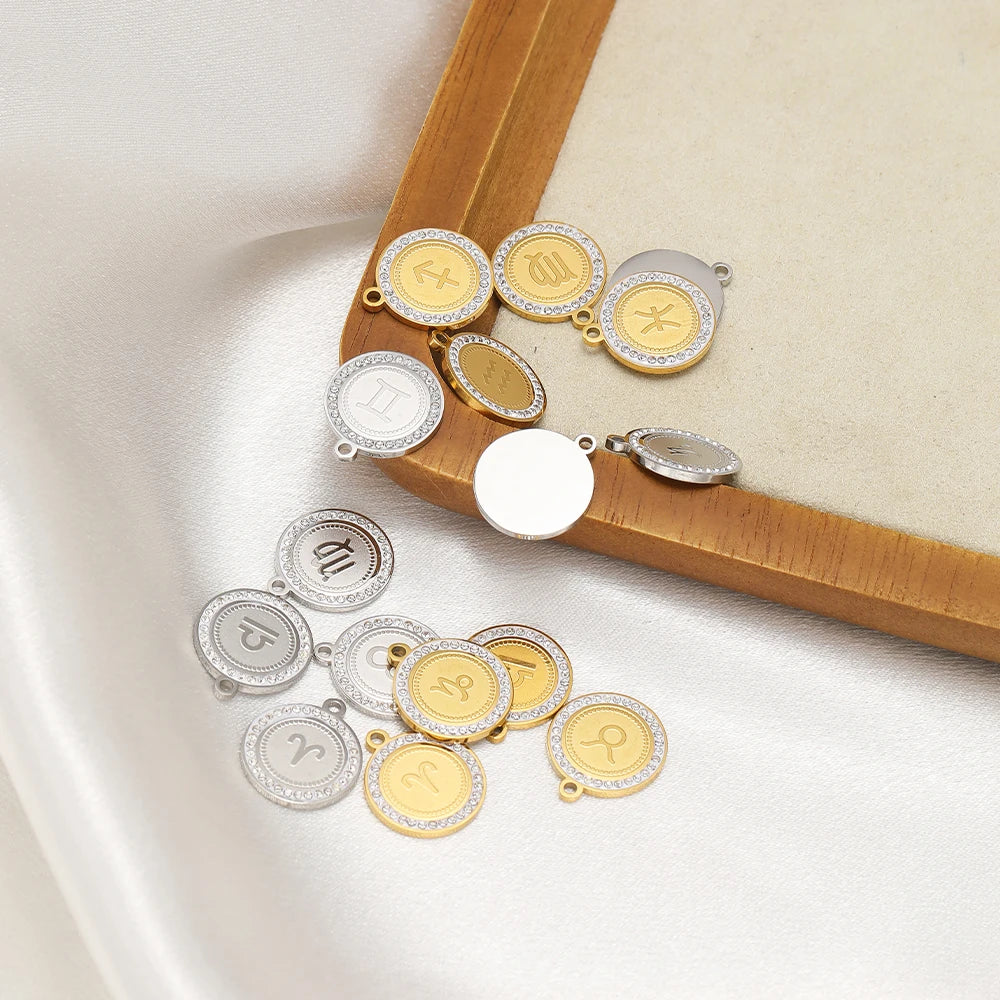 Wholesale Stainless Steel 18k Gold Plated Zodiac Sign Zircon Charm Pendant for Jewelry Necklace Making Accessories