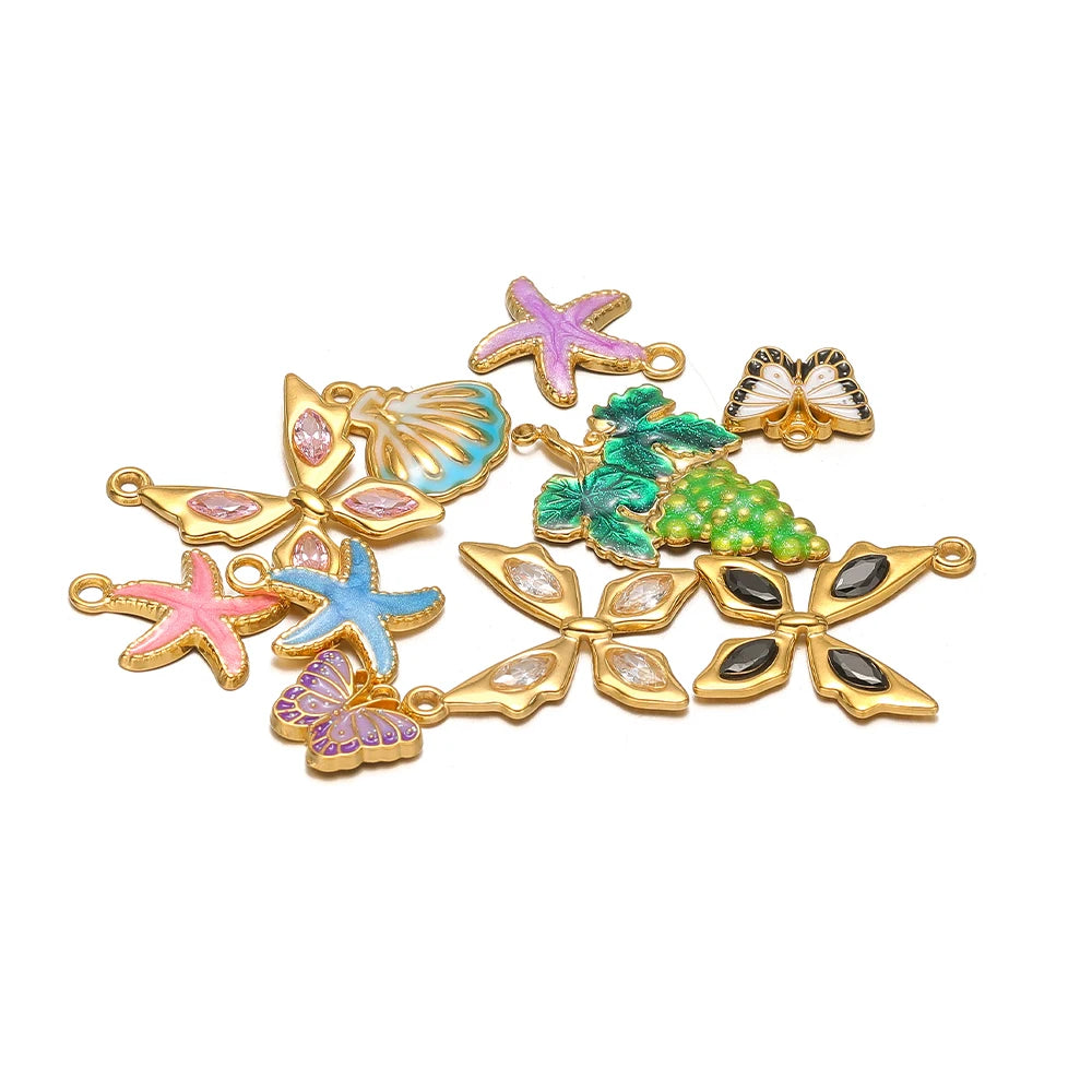Hot Selling 18k Gold Plated Stainless Steel Enamel Butterfly Heart Shell Starfish Charm Pendant for DIY Necklace Jewelry Making