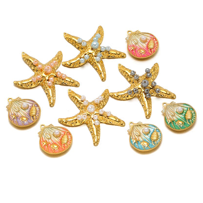 New Arrival 18k Gold Plated Stainless Steel Enamel Starfish Shell Pearl Charm Pendant for Jewelry Making Accessories