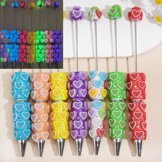 Night Glow Fluorescent Frosted Heart Shaped Pottery Clay Beadable Ballpoint Pen With Diamonds Durable For Gifts Wholesale