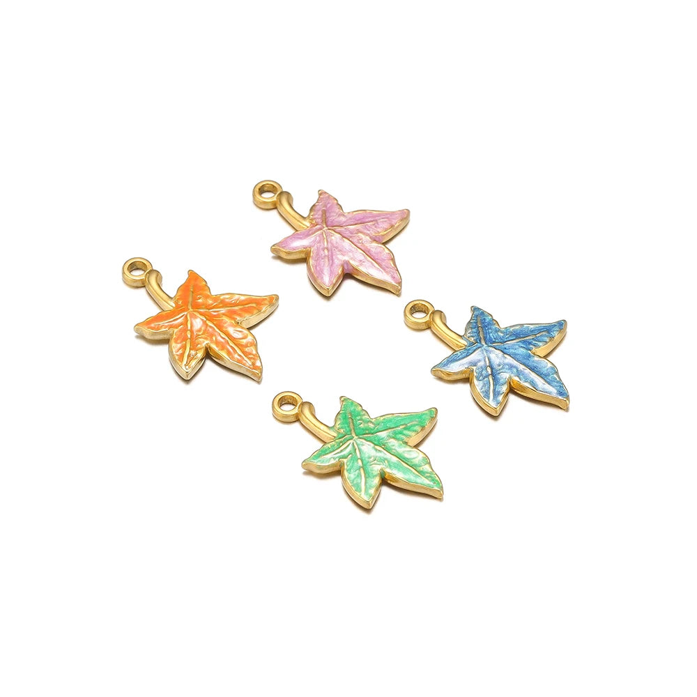 Enamel Maple Leaf Charms Stainless Steel 18k Gold Nature Leaf Charm Pendant for Jewelry Necklace Making Accessories