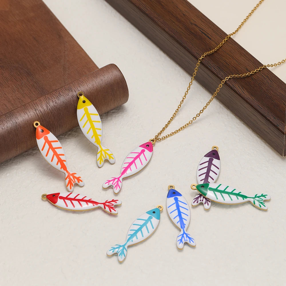 Handmade 18k Gold Plated Stainless Steel Enamel Cute Beach Fishbone Charm Pendant for Jewelry Necklace Making Accessories