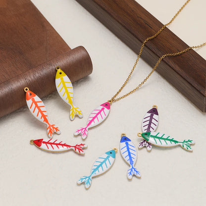 Handmade 18k Gold Plated Stainless Steel Enamel Cute Beach Fishbone Charm Pendant for Jewelry Necklace Making Accessories