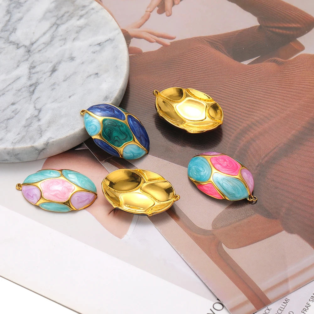 Newest 18k Gold Plated Stainless Steel Color Matching Hollow Oval Enamel Charms Pendant for Jewelry Necklace Earrings Making