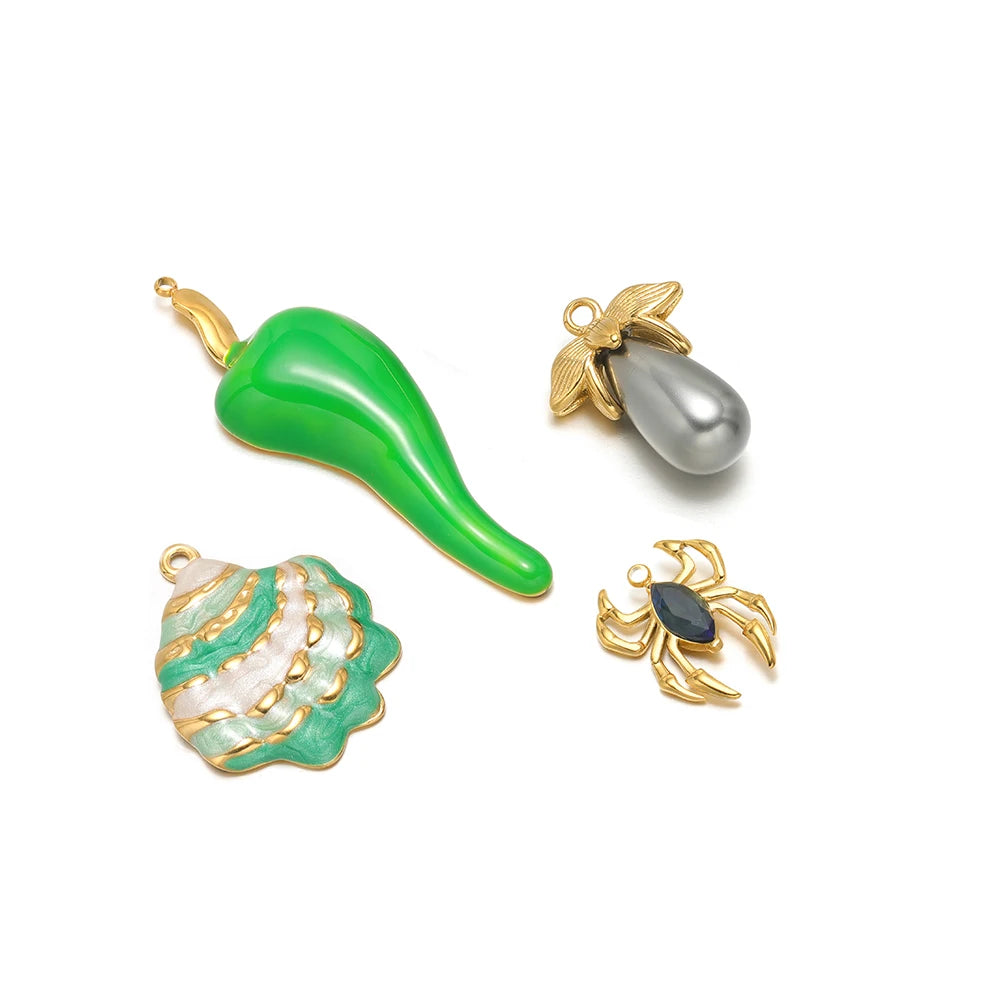 Fashion 18k Gold Plated Stainless Steel Enamel Spider Shell Pearl Pepper Charm Pendant for DIY Handmade Necklace Jewelry Making
