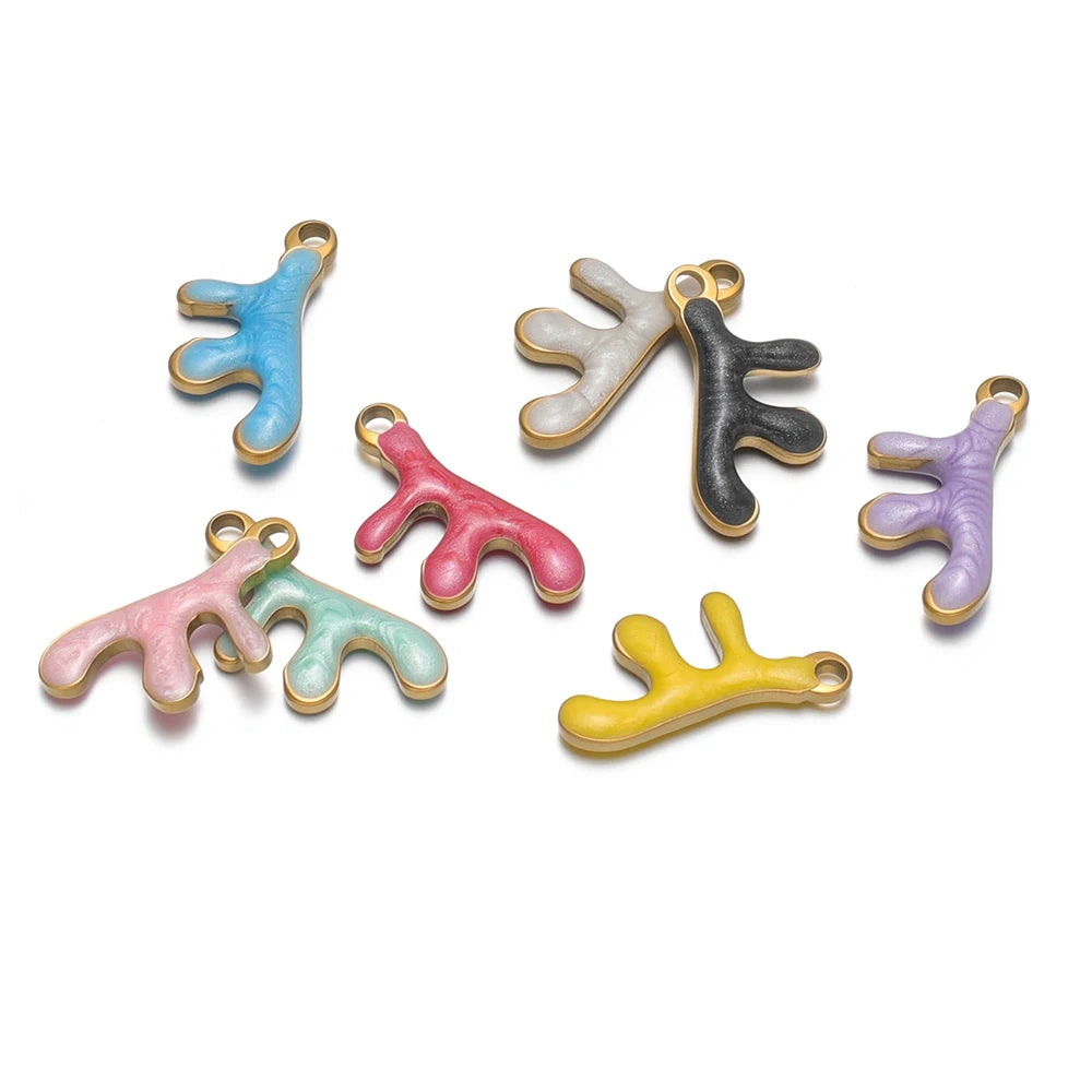 Waterproof 18k Gold Plated Stainless Steel Enamel Coral Charm Pendant for Diy Necklace Jewelry Making Accessories