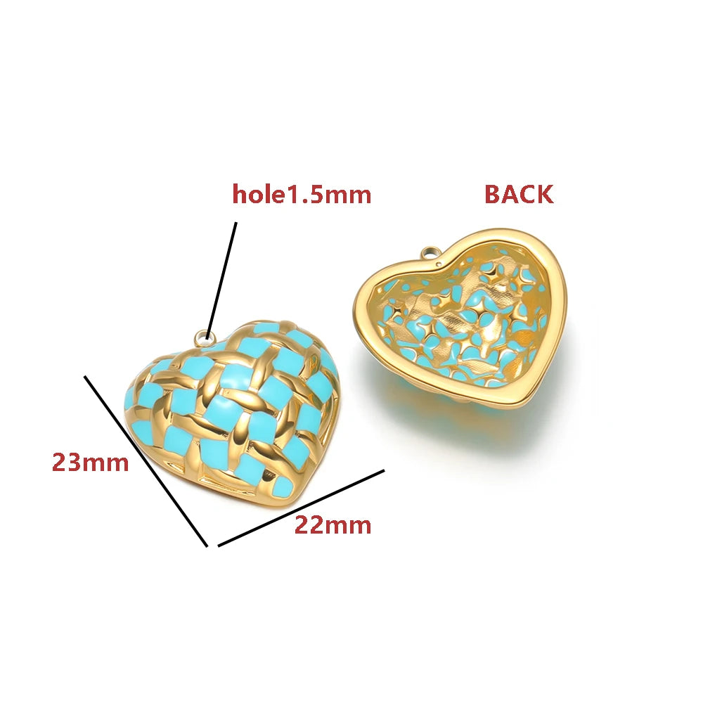 Colorful Enamel Heart Charms with Golden Weave Pattern, Good Luck Lucky Heart Pendant with Rhinestone for DIY Jewelry Making