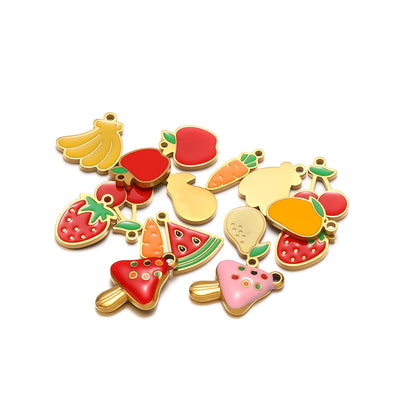 Colorful Fruits Pendant 18k Gold Plated Stainless Steel Strawberry Bananas Cherry Mushroom Charm Pendant for DIY Jewelry Making